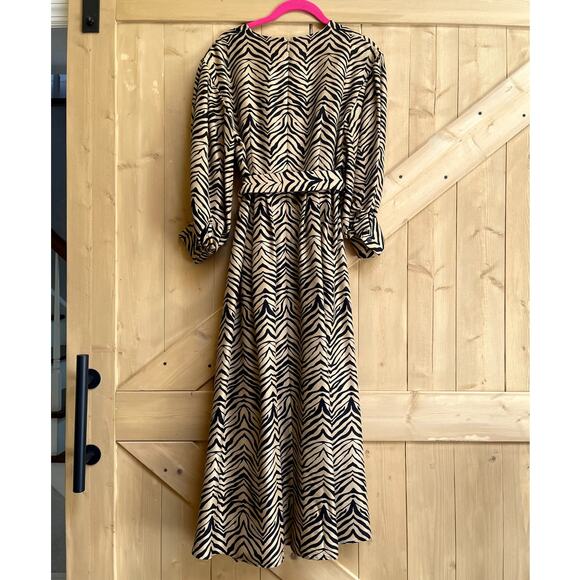 Lafayette 148 Animal Print Silk Belted V Neck Midi Dress Tan Black Size 0 Small - Picture 7 of 9